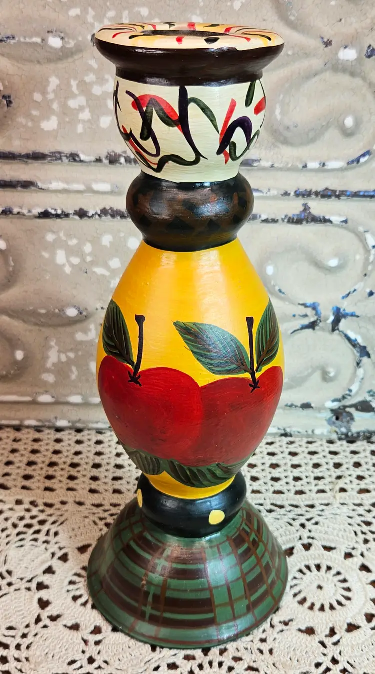 Colorful Folk Art Hand Painted Ceramic Taper Candlestick Holder Apple Theme