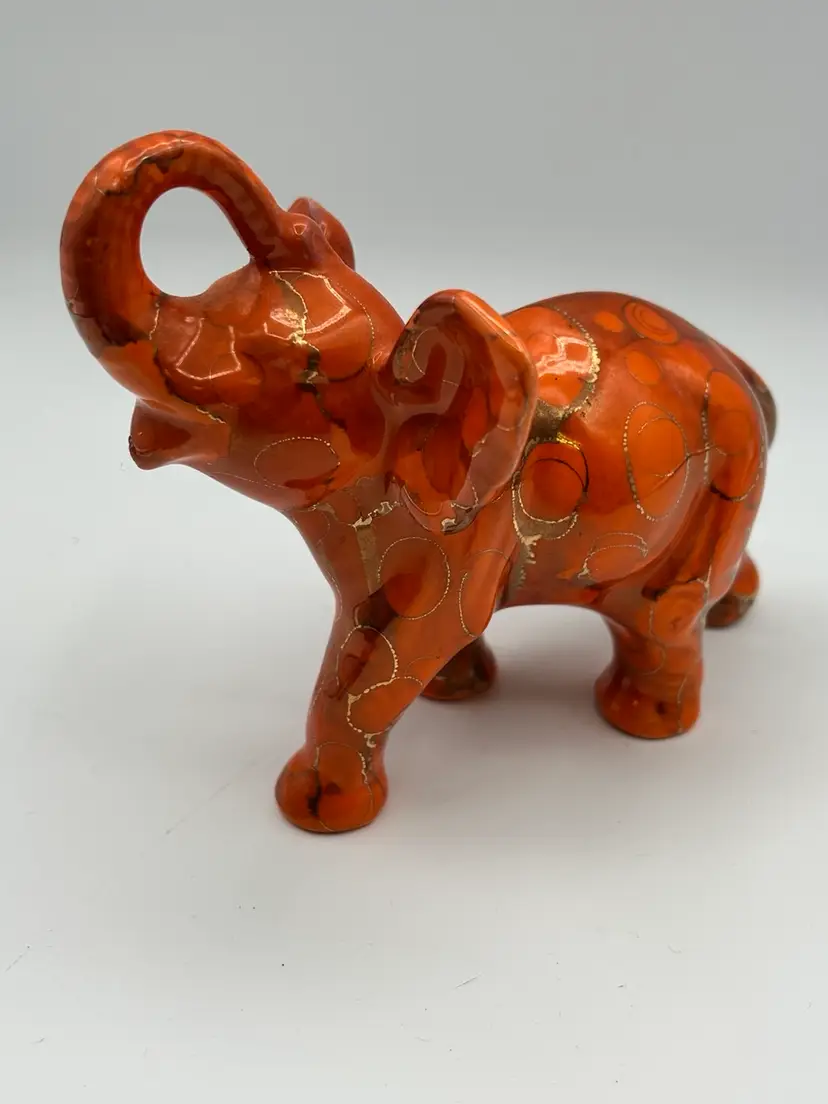 Vintage 1970s Elephant Ceramic Figurine Statue Orange Gold Accent Glossy