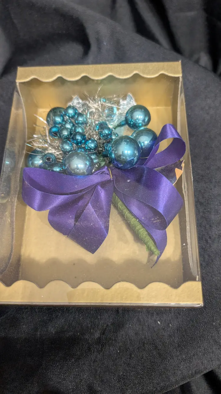 Purple ribbon with Aqua different size balls and tinsel corsage 1950's-60's