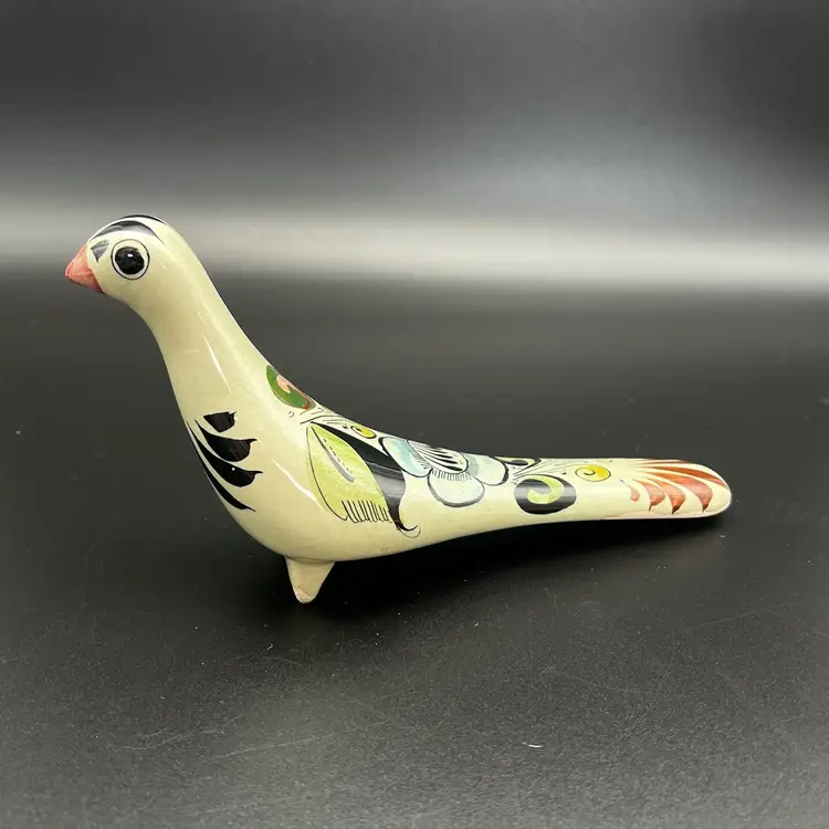 Vintage Mexican Tonala Pottery Hand Painted Stylized Bird Sculpture Folk Art Signed