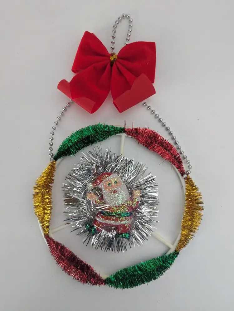 VTG Kitschy Christmas Wreath Glitter Santa Ornament Tinsel Velvet Bow 10.5" Long