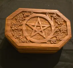 Handcarved Wood Box Pentagram and Flowers