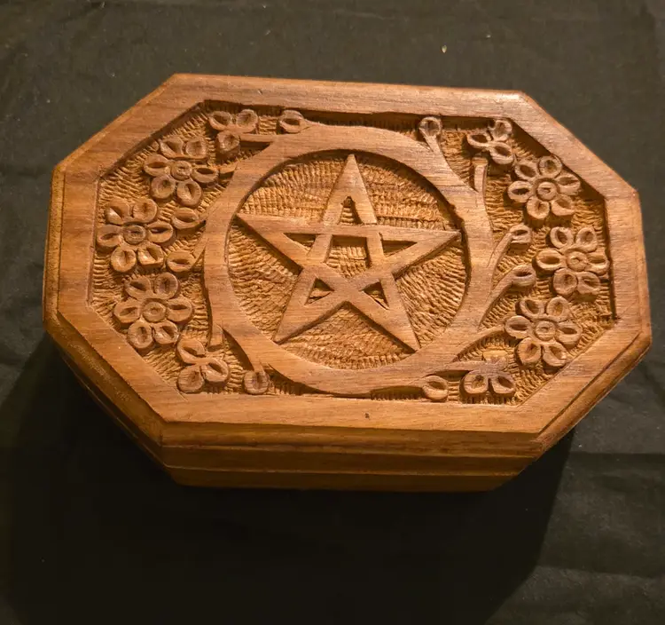 Handcarved Wood Box Pentagram and Flowers
