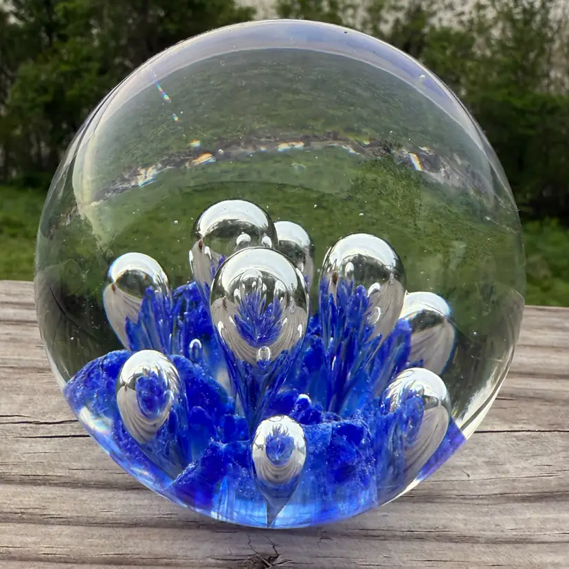 Cobalt Blue Controlled Bubble Cluster Art Glass Paperweight