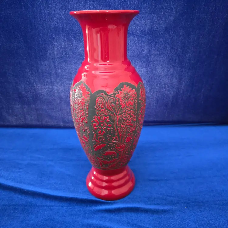 181 - Chinese Carved Cinnabar Style Tall Vase VTG