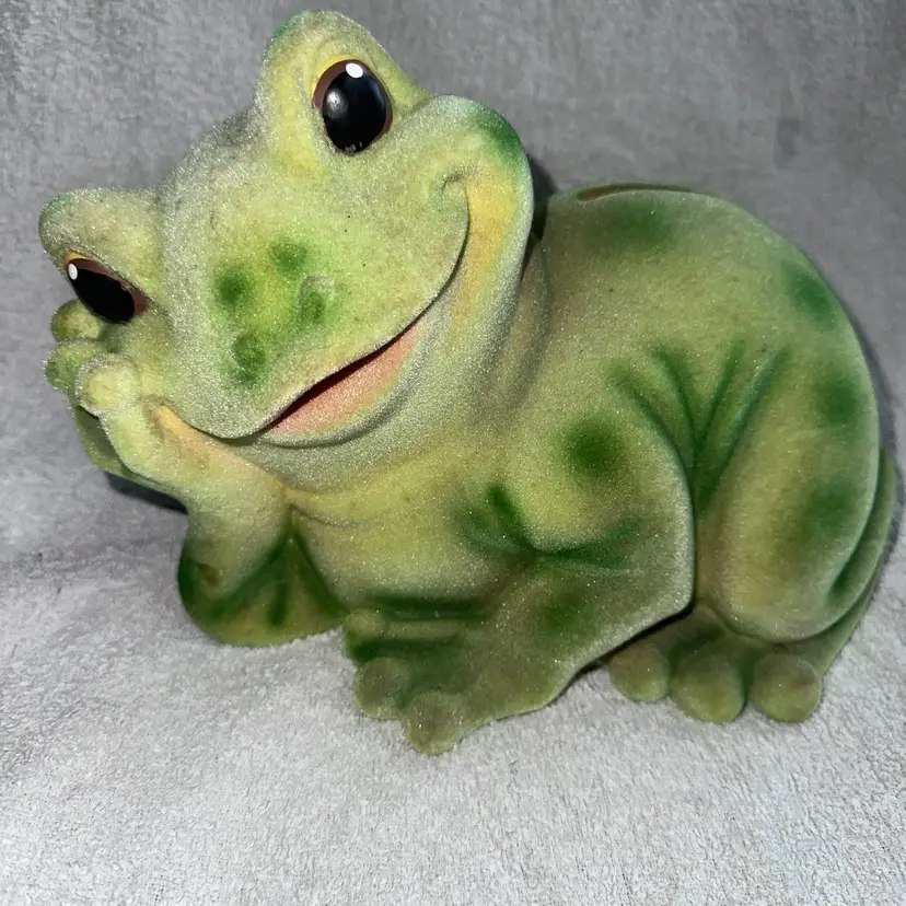 RARE Vintage 1970s Smiling Frog Toad Piggy Bank 9" Green Flocked Ceramic