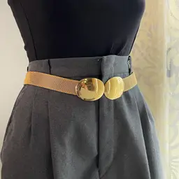 Mesh Chain Mail Waist Dress Belt Gold Tone Metal Double Buckle Statement 28-29"