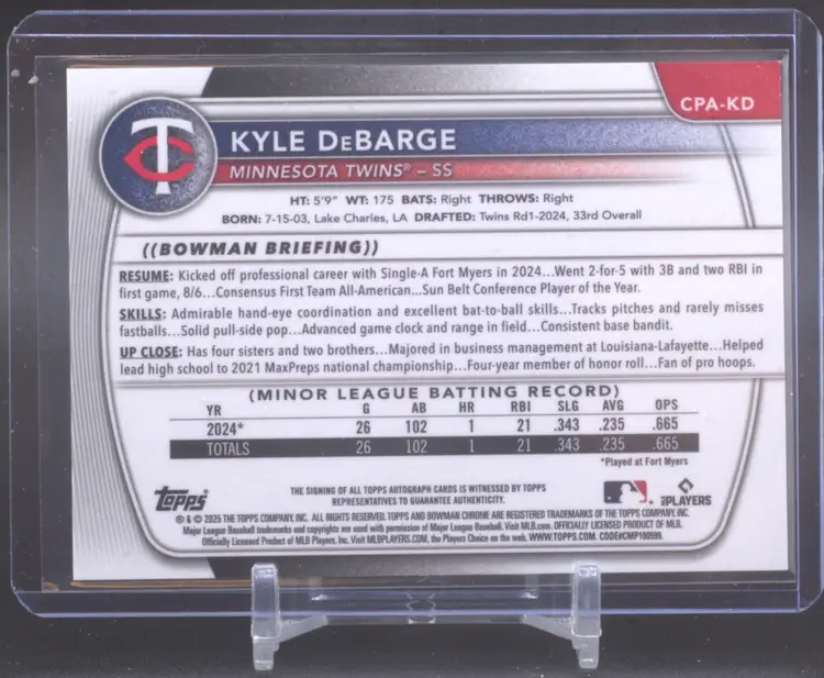 2025 Bowman Chrome 1st Bowman Auto, Kyle DeBarge, Minnesota Twins