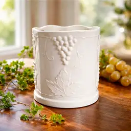 Vintage Indiana Milk Glass Grape/leaf Motif container 6"