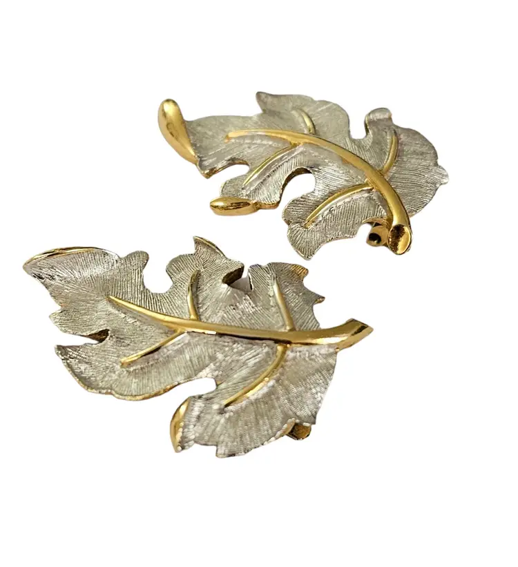Judy Lee Silver Tone, Gold Tone Large Leaf Clip On Earrings, Signed L235