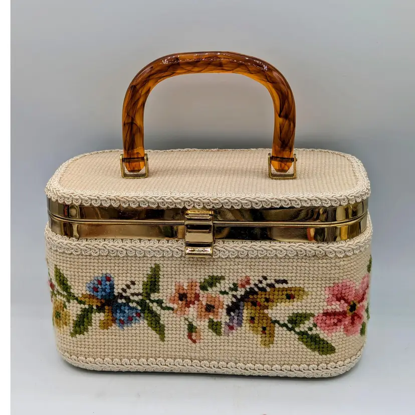 Mid Century JR Florida Box Handbag with Tapestry Flowers and Butterflies