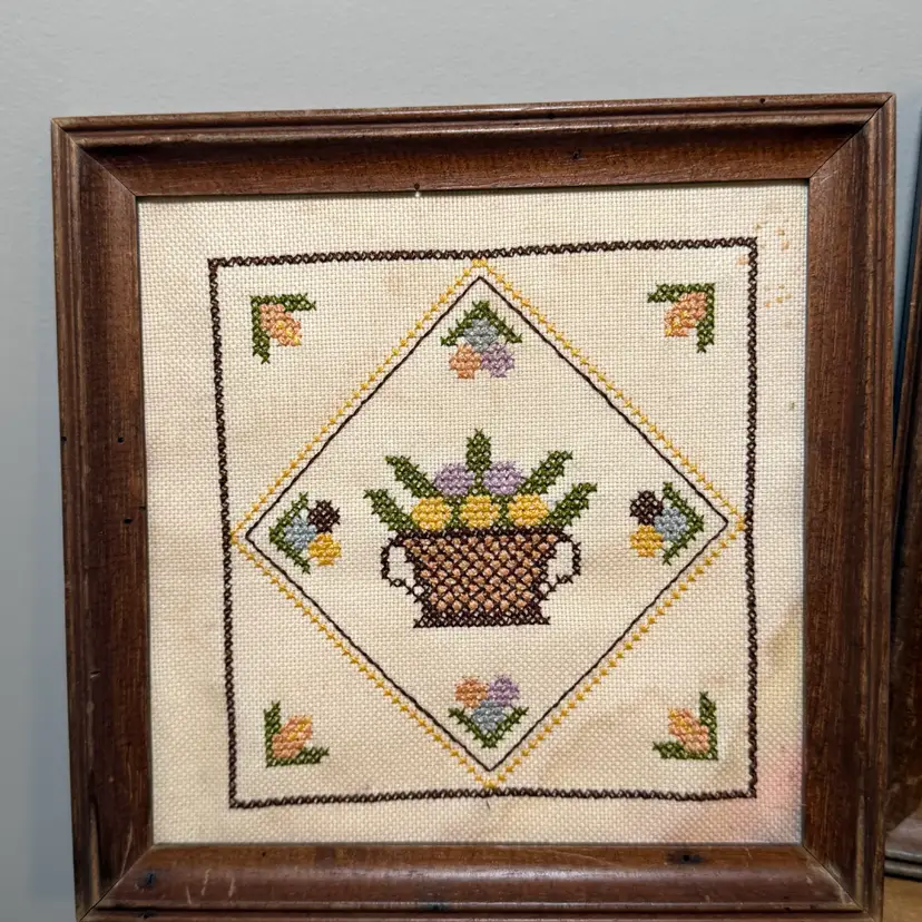 Pair of Framed Cross Stitch Samplers Pineapple and Flower Basket