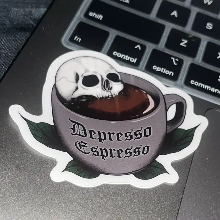 Depresso Espresso Clear Vinyl Sticker 2.5 x 2.5"