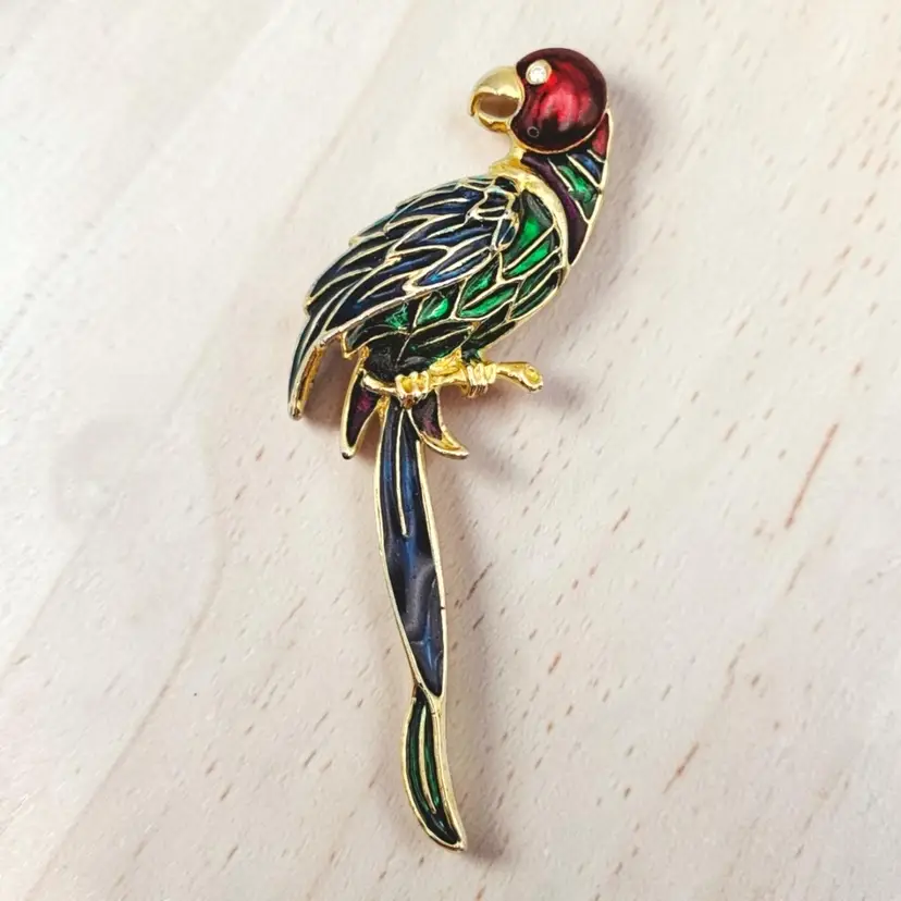 Tropical Parrot Macaw Bird Rhinestone Enameled Red Green Blue Gold Tone Brooch