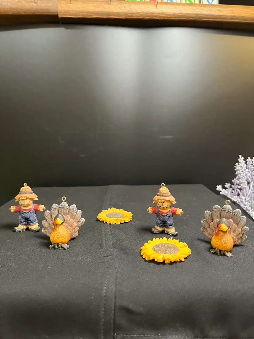 6 Resin Thanksgiving Small Ornaments-Features 2 of Each: Scarecrow, Turkey & Sunflower. Cute as Can Be! Lot 60