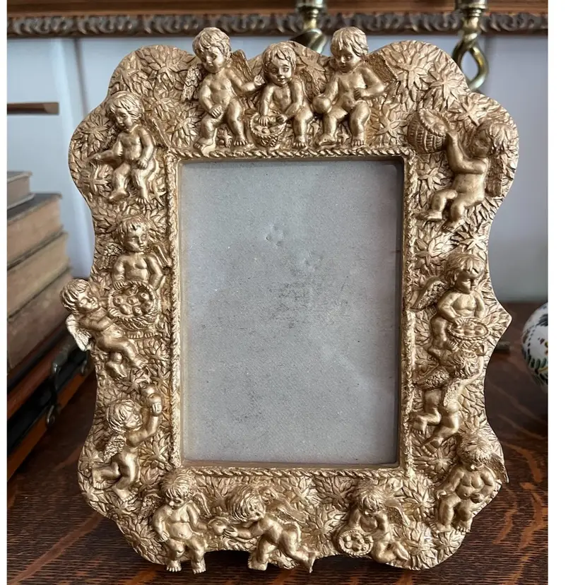 New! Golden Picture Frame With Cherubs 5” X 3.5”