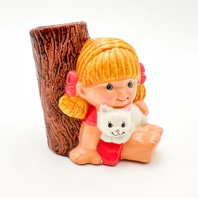 Girl with Cat Pencil Cup Toothbrush Holder Planter JSNY Taiwan Chalkware B25