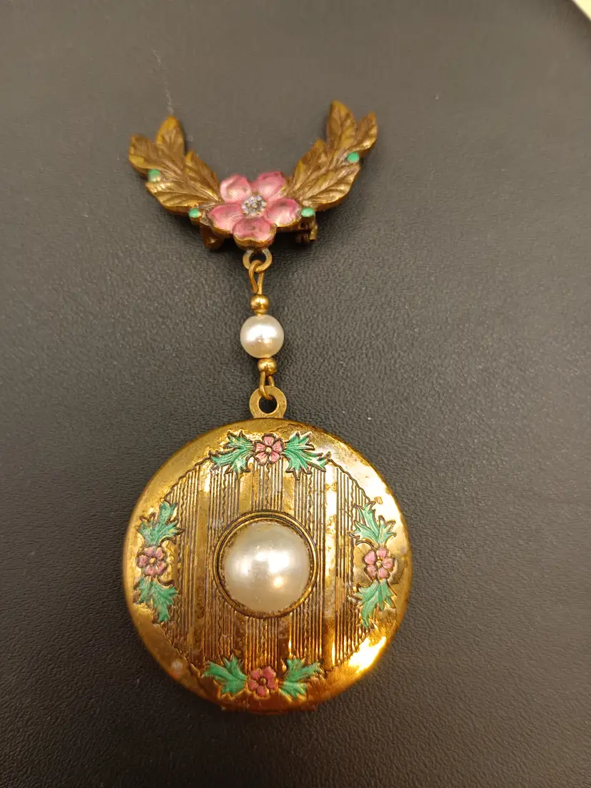 Vintage Brass Pink and Green Enamel Faux Pearl Double Locket Brooch.