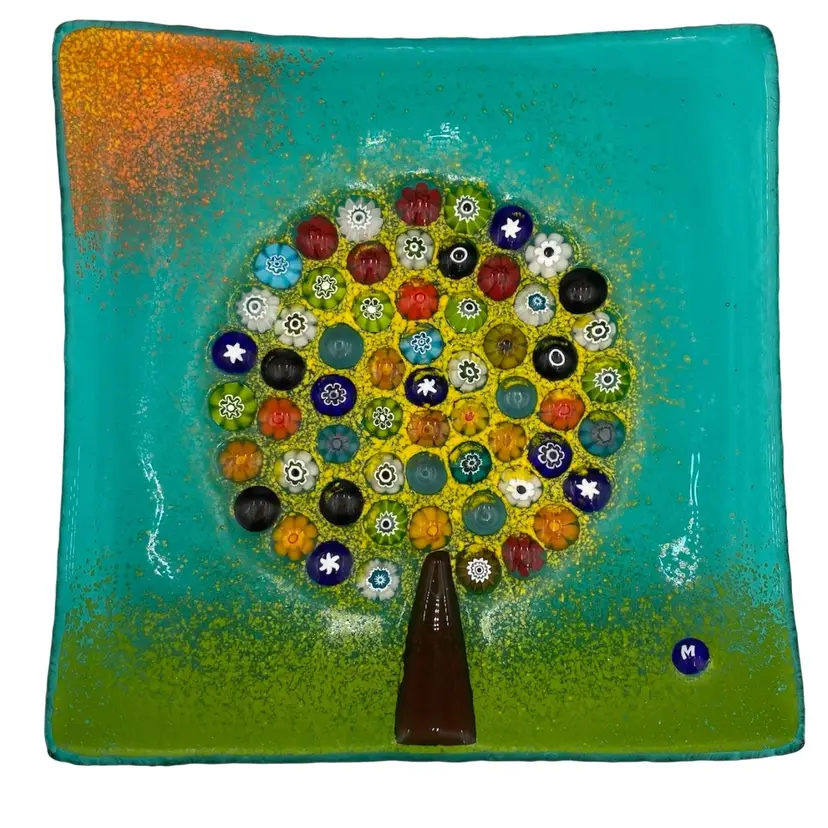 Murano Glass (Italy) Tree of Life Trinket Dish/Plate, Millefiori, 5.5" x 5.5"