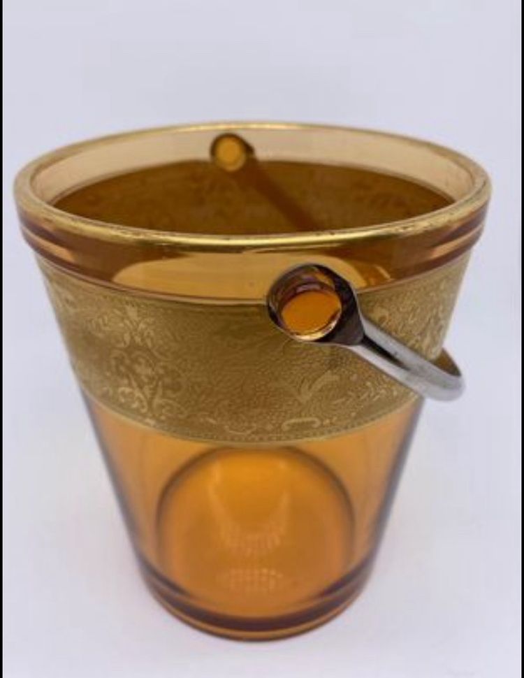 Vintage Amber glass ice bucket with gold inlay