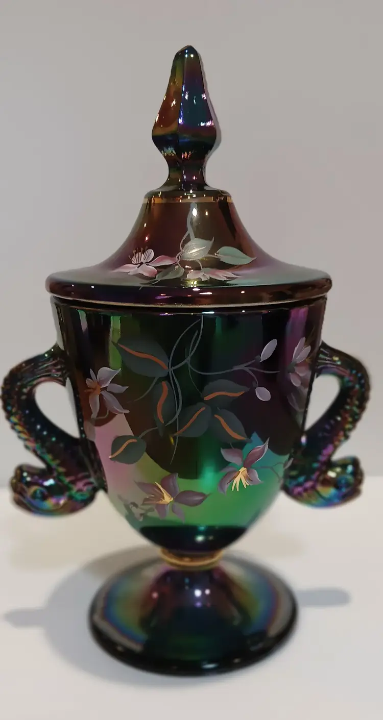 Vintage Signed Fenton Black Iridescent Carnival Glass Candy Dish With Lid