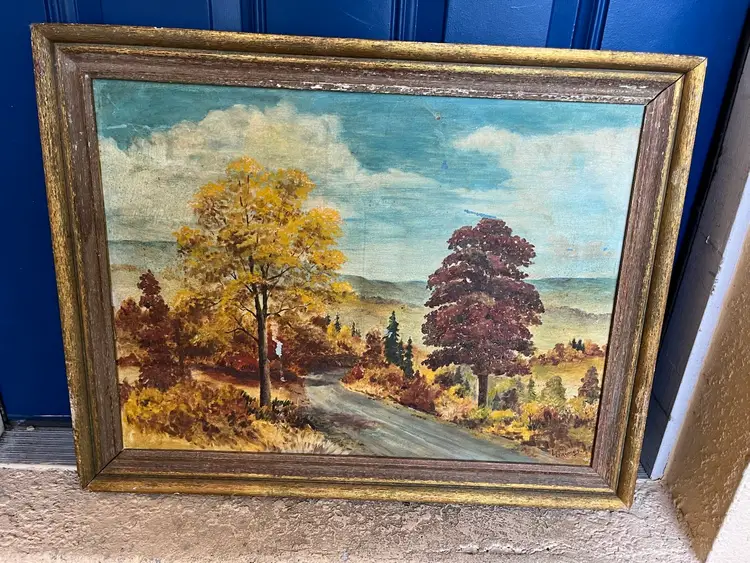 Vtg Large Original Oil Painting Signed Wooden Frame Rustic Farmhouse AS IS