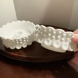 Fenton Hobnail And Thumbprint Low Milk Glass Candlestick Holders