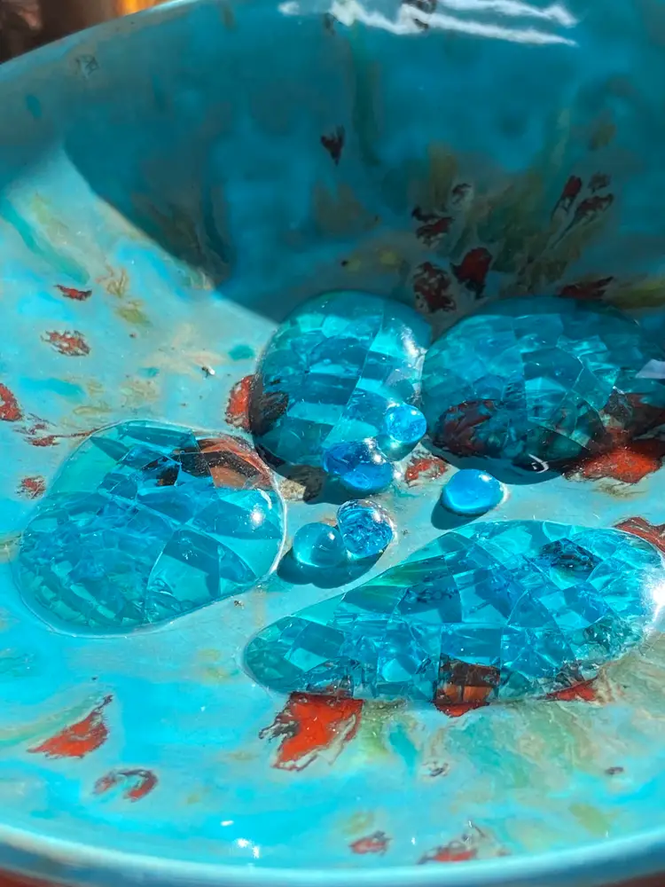 Blue Pottery Bowl w/ Crackle Glass Accents, Artist Signed by Jacram Aria, 7" Dia