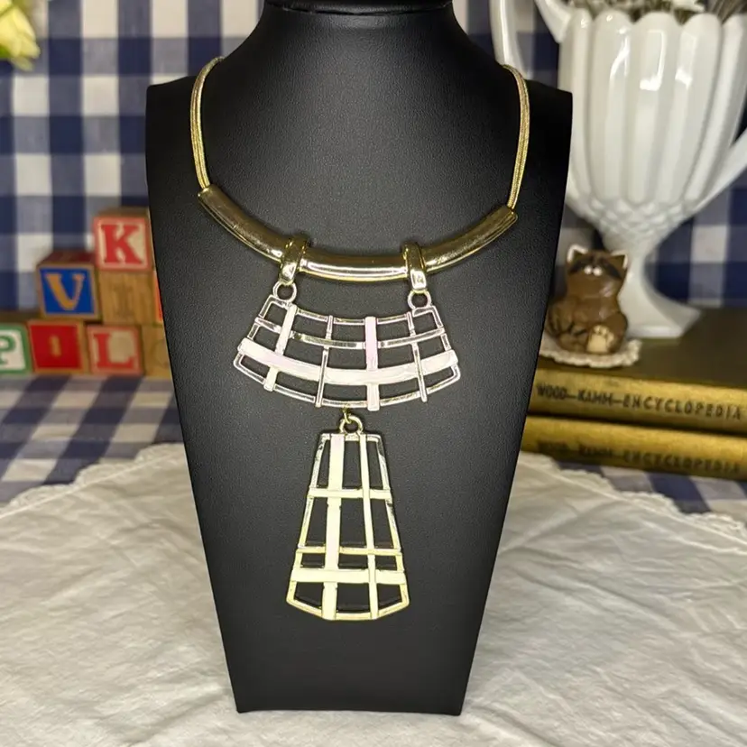 Signed Erica Lyons Gold Tone & White Enamel Necklace - Vintage