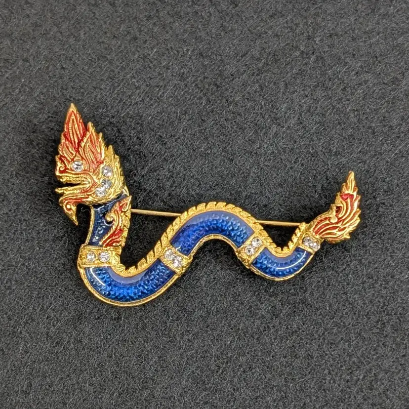 Thai Phaya Nak Naga Brooch Blue Enameled Rhinestone Gold Tone Serpent Pin