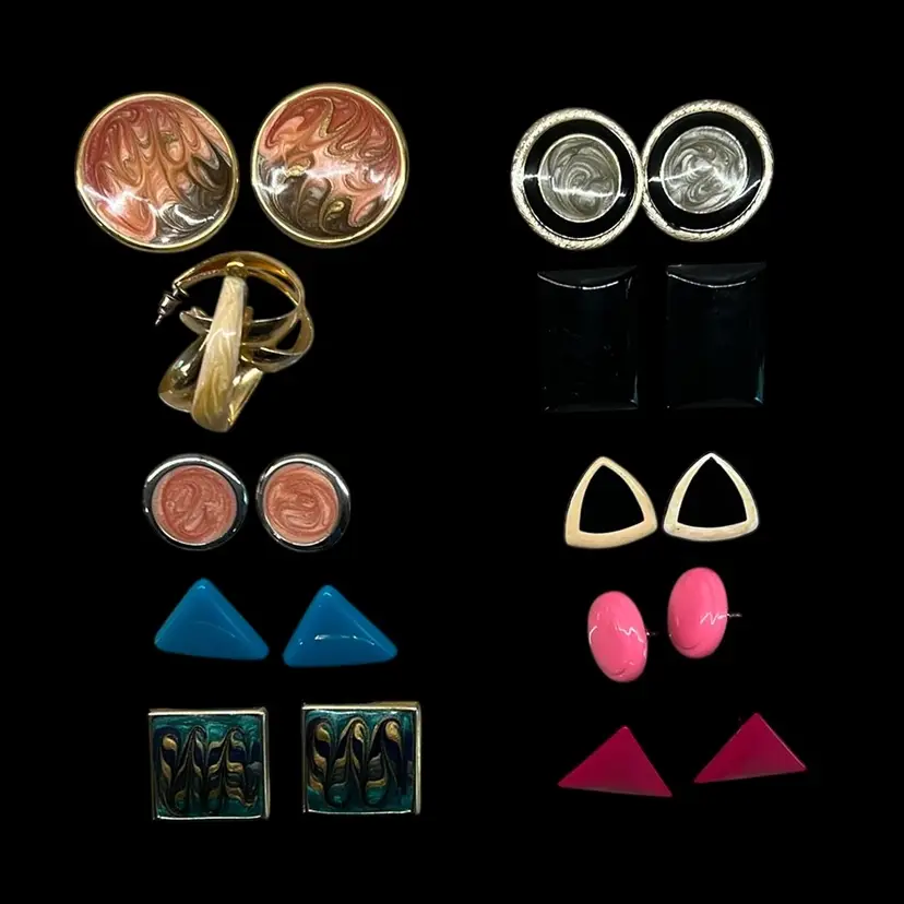 Vintage Retro Metal Enamel Pierced Earring Lot #4 (10 Pcs)