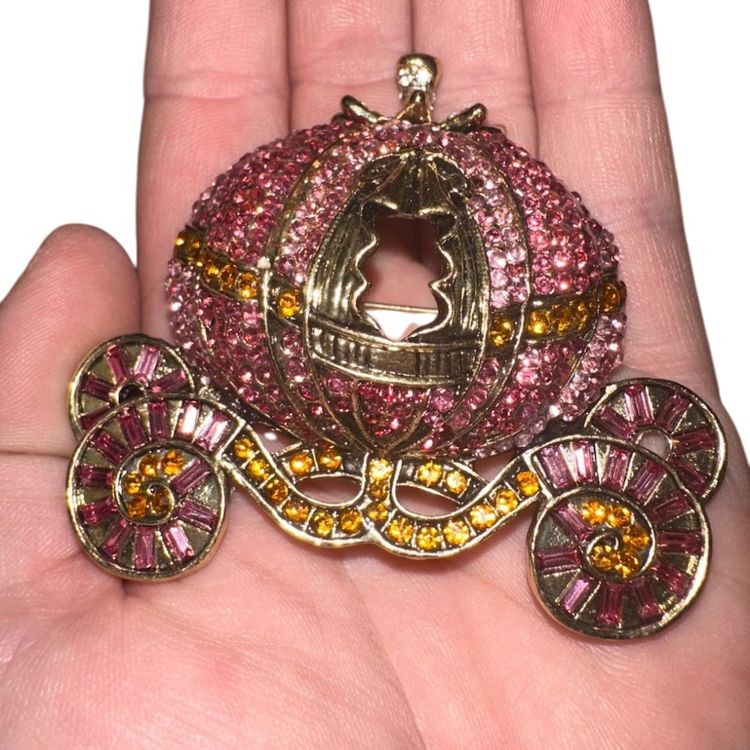 Gold Tone Pink & Orange Pumpkin Cinderella Coach Pin Rhinestone Brooch