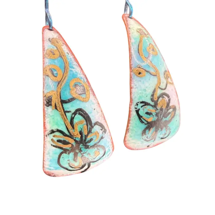 Artisan Painted Copper Earrings- Pierced Dropped Flowers Blue Bronze