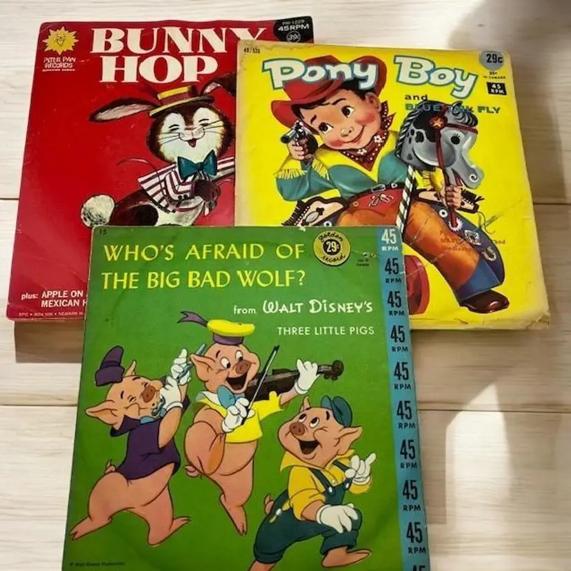 Set of 3 - 45 RPM Records - Children's - 3 Little Pigs, Pony Boy, & Bunny Hop