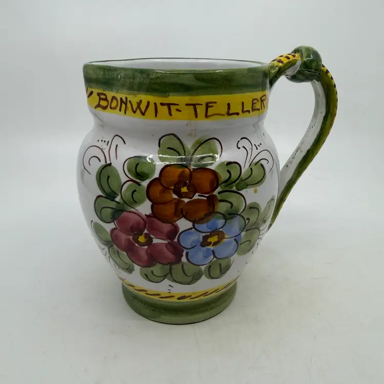 Vintage Hand Painted Italian Ceramic Pottery Pitcher Floral Folk Art Design Made In Italy For Bonwit-Teller Home Decor Or Functional Marked Made In Italy