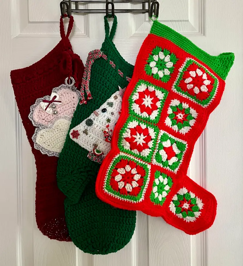 Vintage Hand Crochet Christmas Stockings Red Green Pink Hearts Granny Square , Your Choice