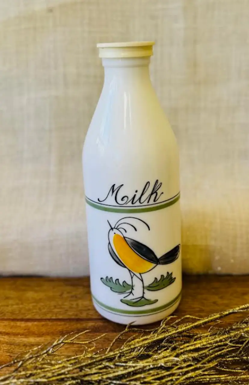 Vintage Milk Glass Bottle with Bird Design Labeled Milk 10" Tall