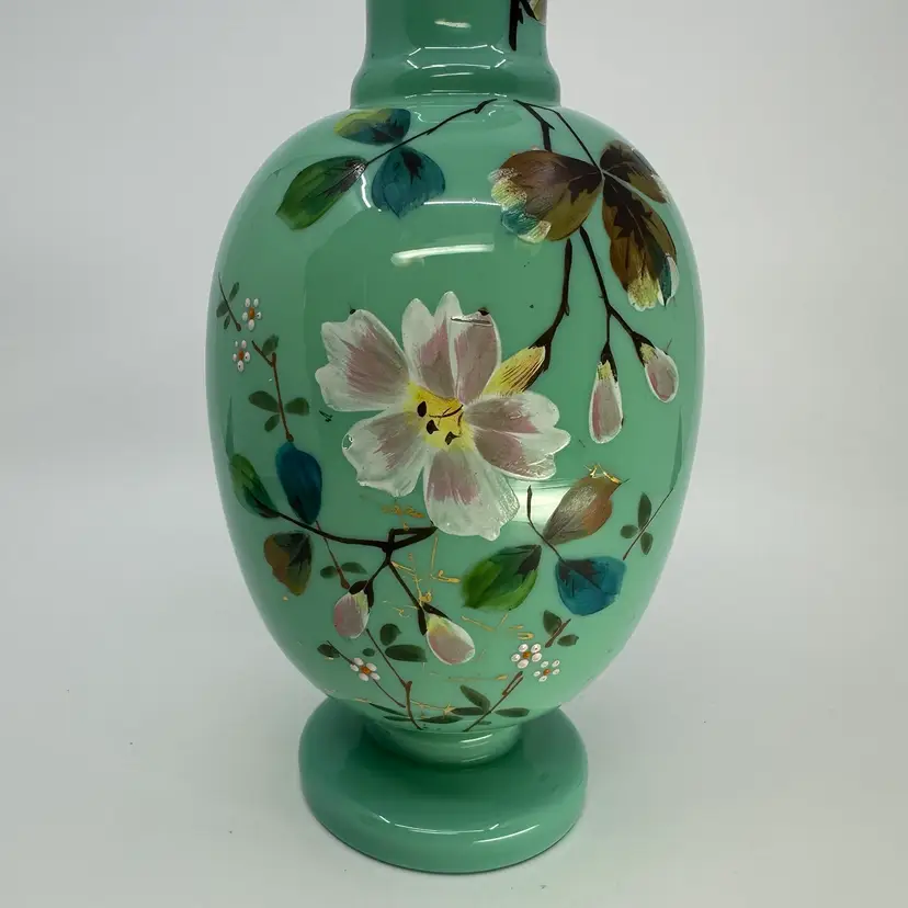 Antique Bohemian Turquoise Opaline Bristol Glass With Handpainted Flowers