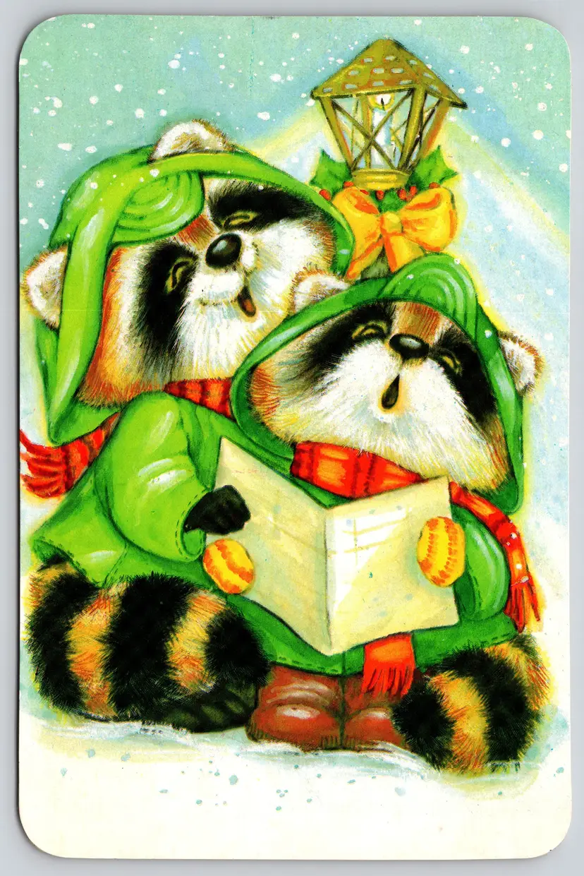 Postcard Raccoons Christmas Caroling At Lamp Post in the Snow - 13077