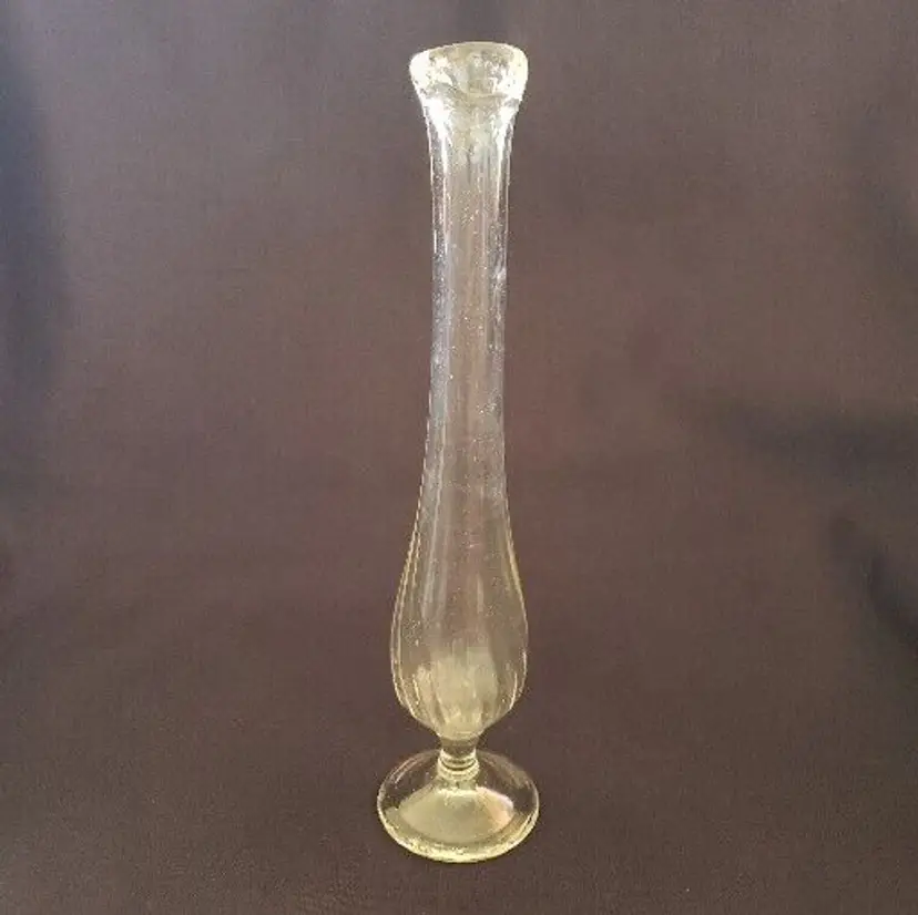 Swung Glass Bud Vase Clear On Pedestal 9" Tall Approximately
