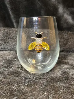 Rachel Zoe Stemless Wine Glass With Gold & Rhinestone Bee Embellishment