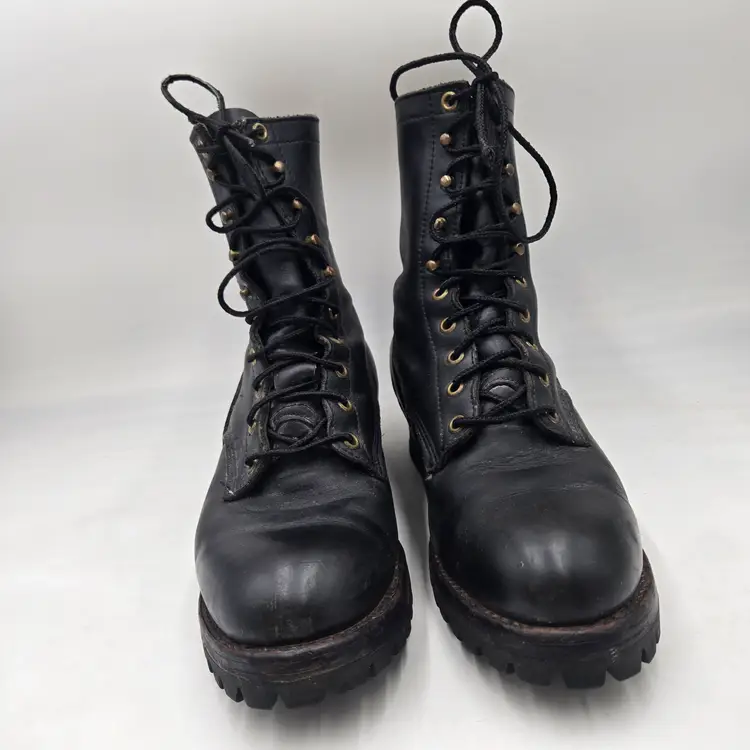 Vtg Work N Sport Boots Soft Toe Black Leather Vibram Mens Sz 8 EE Combat Duty
