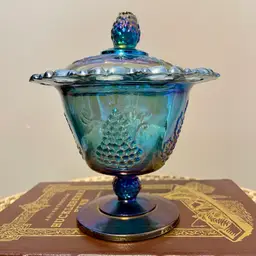 Vintage Blue Carnival Indiana Glass Reticulated Candy Dish Lid Harvest Grape