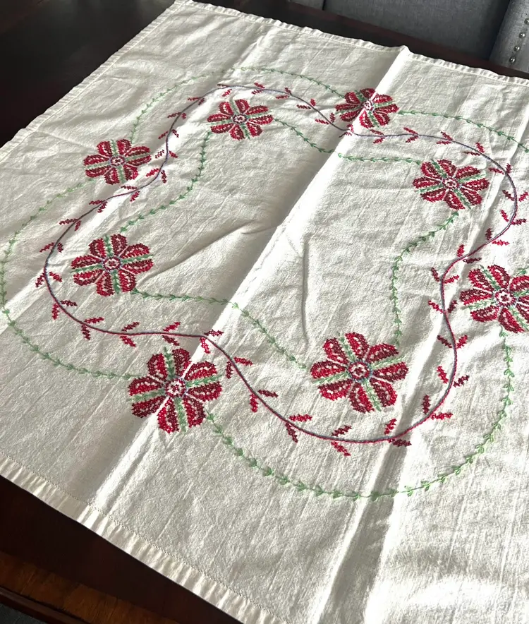 Vintage Red Green and White Embroidery Tablecover, Size 36 by 38 Inch Rectangle, Red Green Embroidery on White Background,