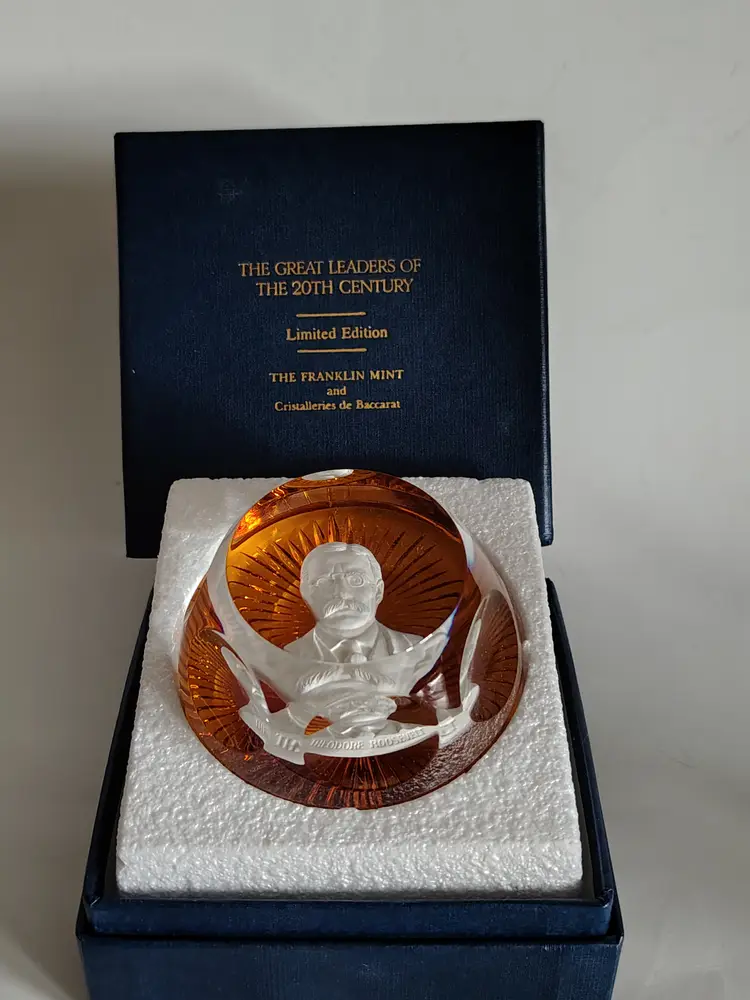 Vintage Baccarat for Franklin Mint Sulfide Cameo Paperweight, Theodore Roosevelt, c1980, GLOWS