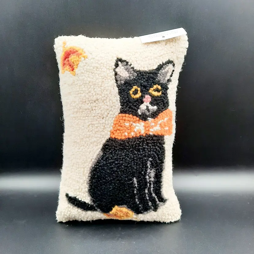 Mary Lake Thompson Peking Handicraft Hooked Pillow Oscar Cat Black Orange Bowtie