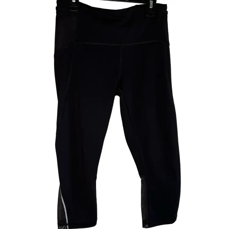Lululemon Womens Running Cropped Leggings Black Pockets Mesh Sheer Leg Size 6