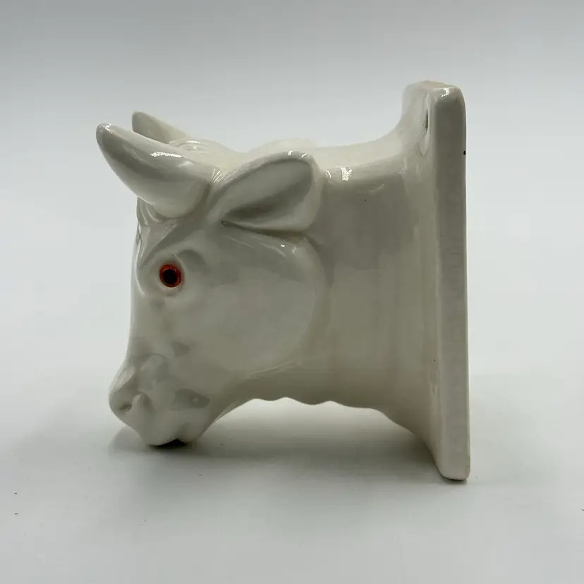 Vintage MCM Ceramic Bull Head Wall Mount Hook White Towel Apron Hanger
