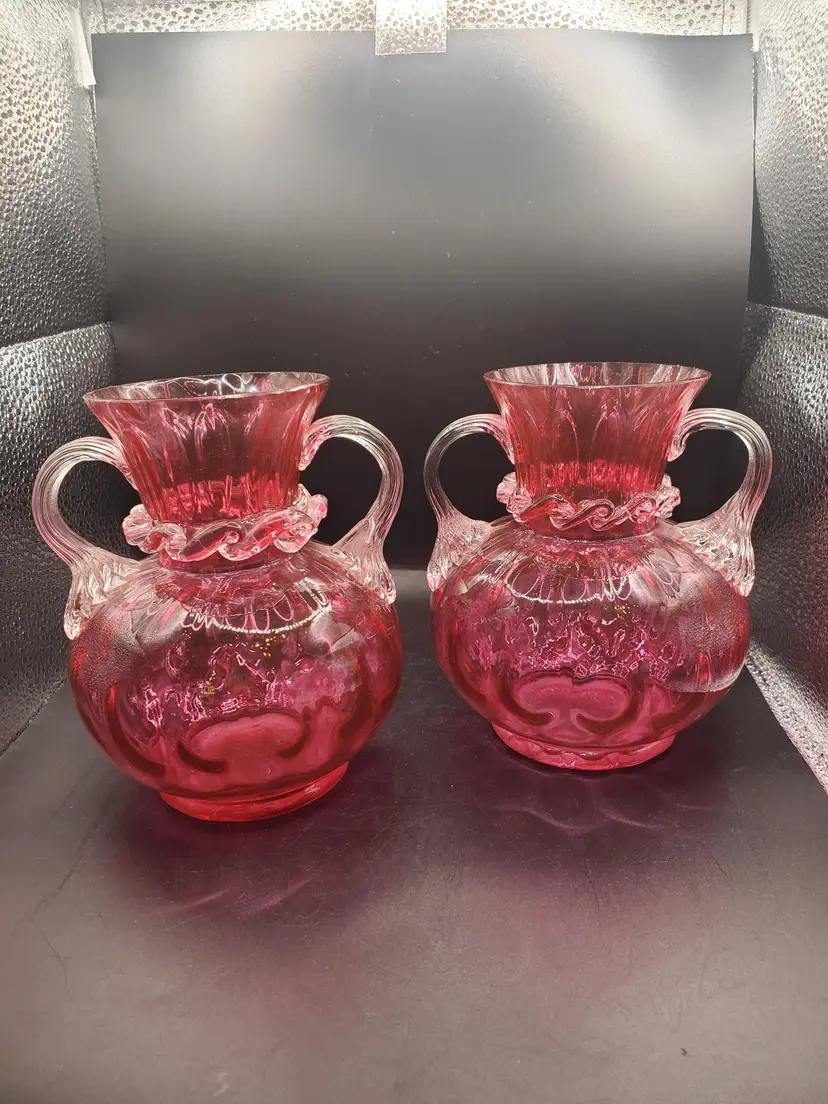 #01 Pair Blown Glass Cranberry Pink Vases