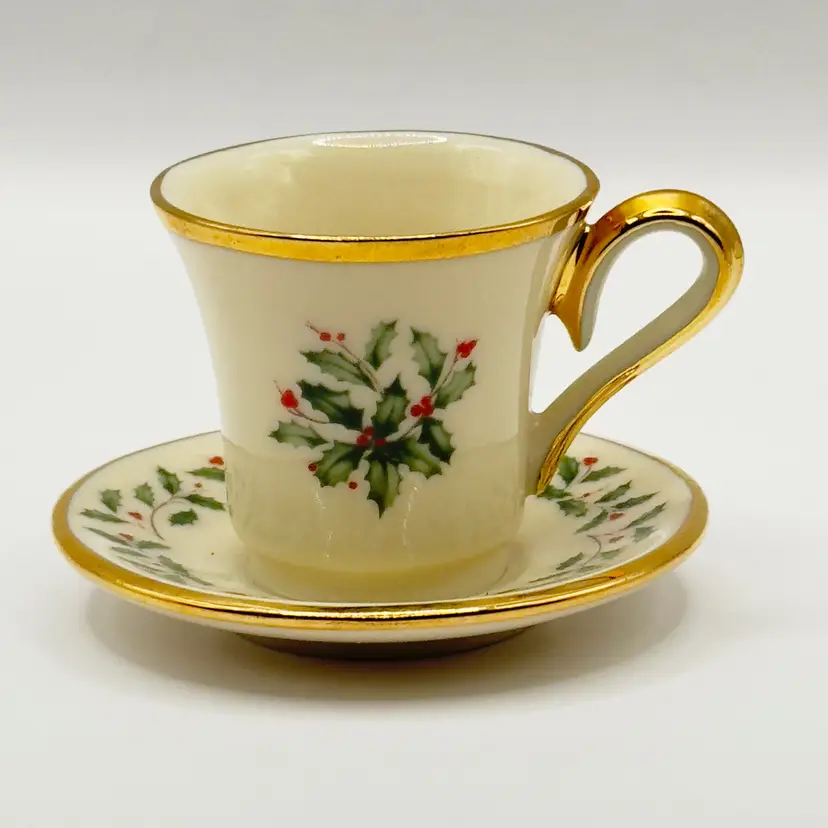 Vintage Christmas Holiday Teacup and Saucer Ornament, Holly and 24k Gold Trim Porcelain, By Lenox, Made In China